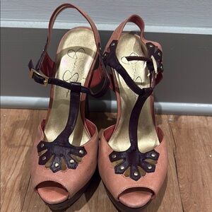 Jessica Simpson Pink and Brown High Heels with Peep-Toe Design